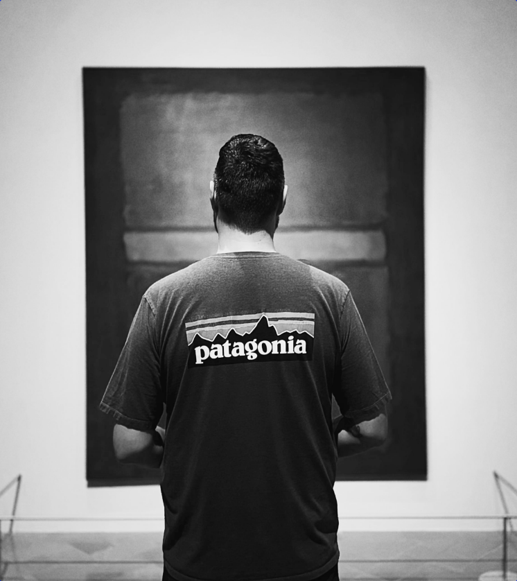 Mann im Patagonia-Shirt vor einem Gemälde